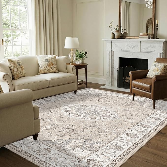 7x10 Area Rug for Living Room: Washable Neutral Vintage Large Rugs for Bedroom - Image 4
