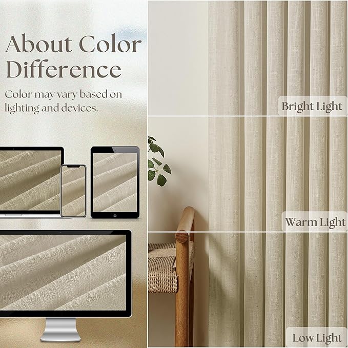 Beige Pinch Pleated Semi Sheer Linen 63 Inch Curtains 2 Panels | - Image 5