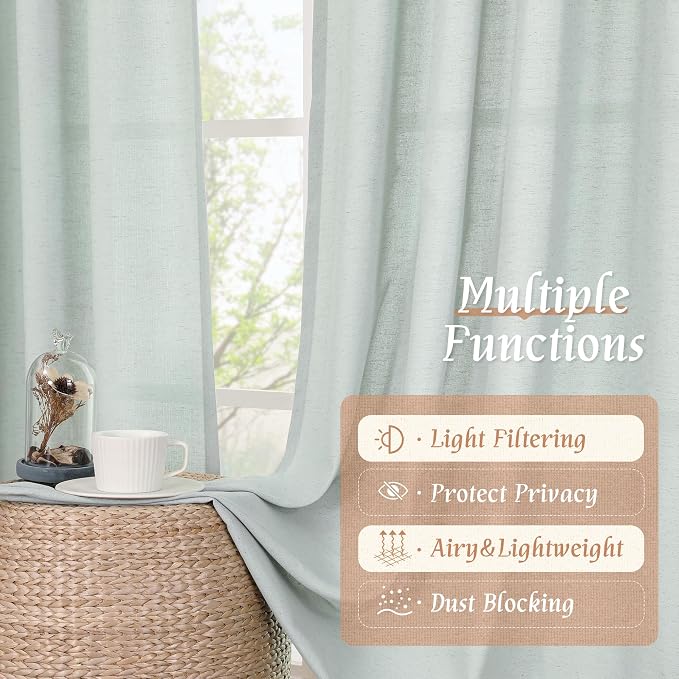 LAMIT Linen Curtains 63 Inch for Bedroom, Light Filtering Neutral Semi Sheer - Image 9