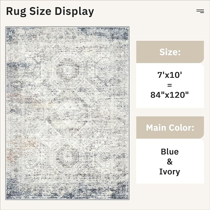 Soalmost 7x10 Area Rug for Living Room Washable Rugs Non-Slip Blue/Ivory | - Image 5