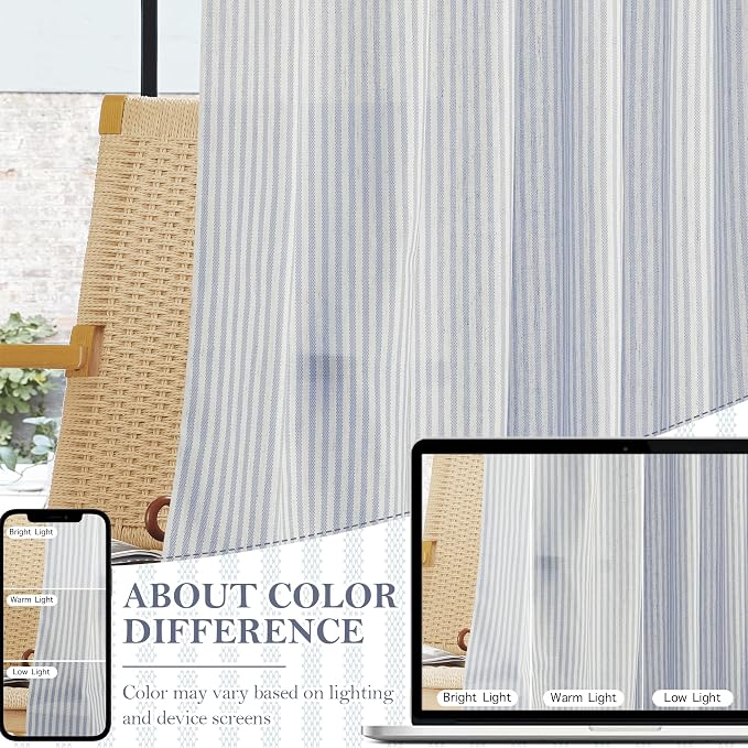 RYB HOME Striped Cafe Kitchen Curtains 24 inch Length, Linen Tickingstripe Tier - Image 3