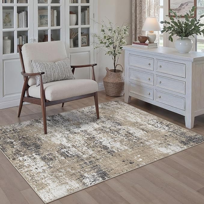 3x5 Abstract Area Rug Brown Washable Modern Neutral Office Carpet Non Slip - Image 3