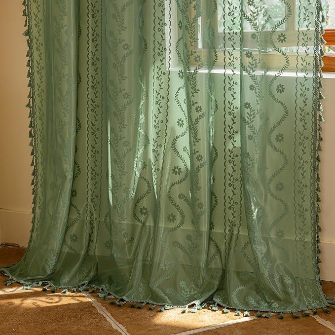 WAZZIO Boho Lace Curtains 2 Panels 63 Inches -Vintage Victorian Sheer Panel - Image 6