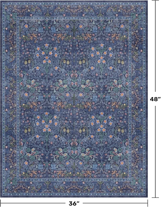 Vintage Dark Blue 3x4 Entryway Rug, Washable Small Area Rugs - Image 2