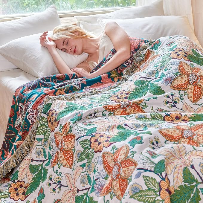 MSGKV Boho Throw Blanket for Bed Twin Size 100% Cotton Floral Blanket 60"x80" - Image 7