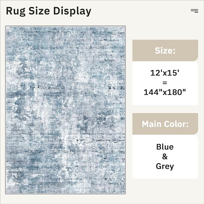 12x15 Washable Area Rug Blue/Grey Neutral Abstract Living Room Large Carpet Non - Image 5
