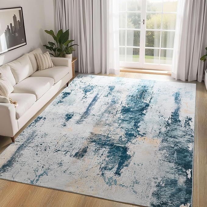 Ompaa Living Room Rug 5x8 Aqua Blue Area Rug Machine Washable Boho Rug Non Slip by OmpaaHomeDecor