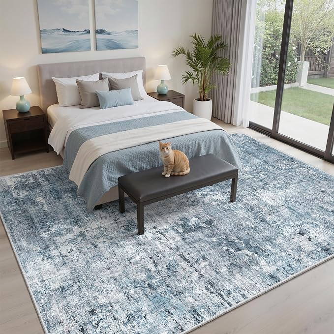 Abstract Rug 5x7 Machine Washable Area Indoor Blue Low Pile Non-Slip Foldable - Image 4