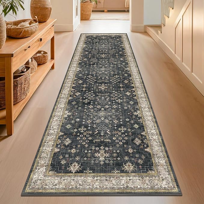 Dark Washable Long Runners for Hallways, Entryway Indoor Rug, Non Slip Rubber by HazoHaus