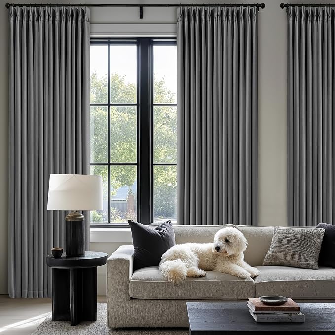 Dark Grey Pleated Thick Linen Blackout Curtains 108 Inches Long - Image 9