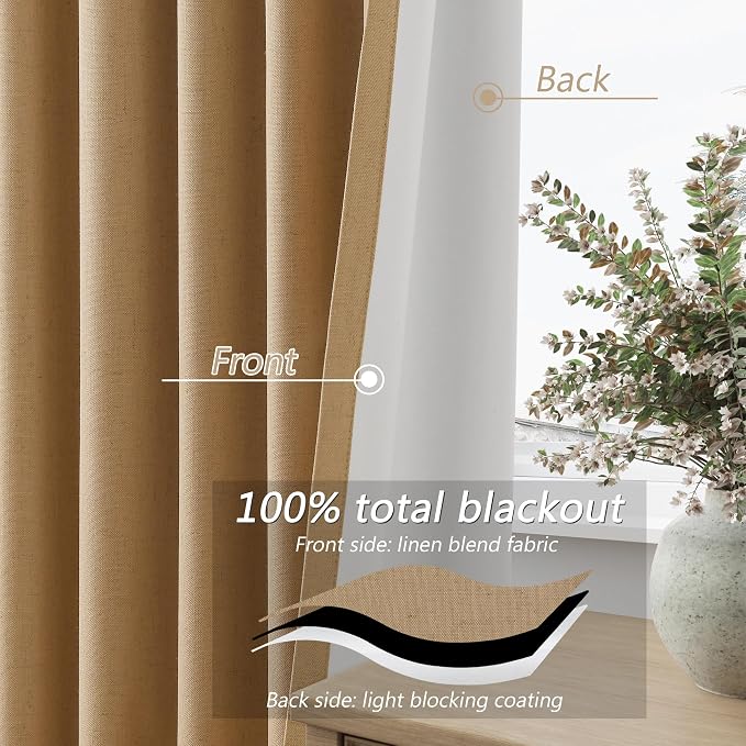 Guken Camel Brown 100% Blackout Linen Curtains 63 Inch Length 2 Panels Set - Image 4