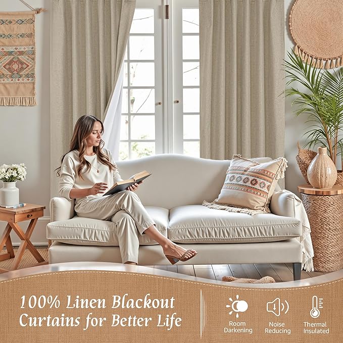 Natural 100% Blackout Linen Curtains 48 Inches - Image 2