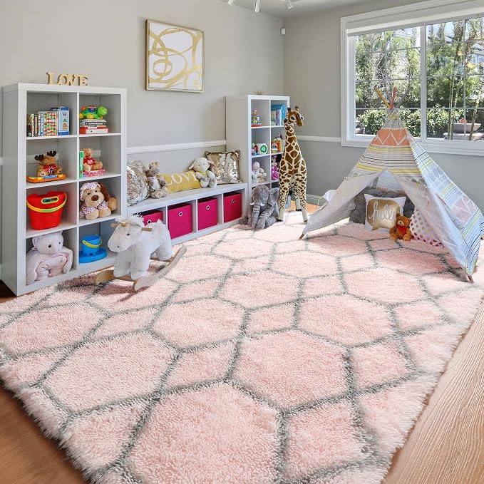 5x7 Area Rugs for Living Room Bedroom, Fluffy Pink and Grey Geometric Rug | - Image 9