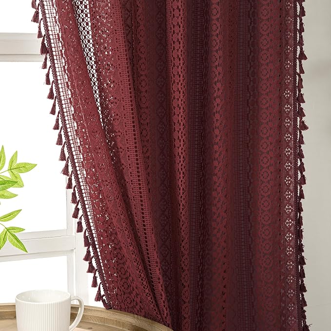 WAZZIO Boho Lace Curtains 84 Inches 2 Panel, Light Filtering Privacy Tassel & by WAZZIO