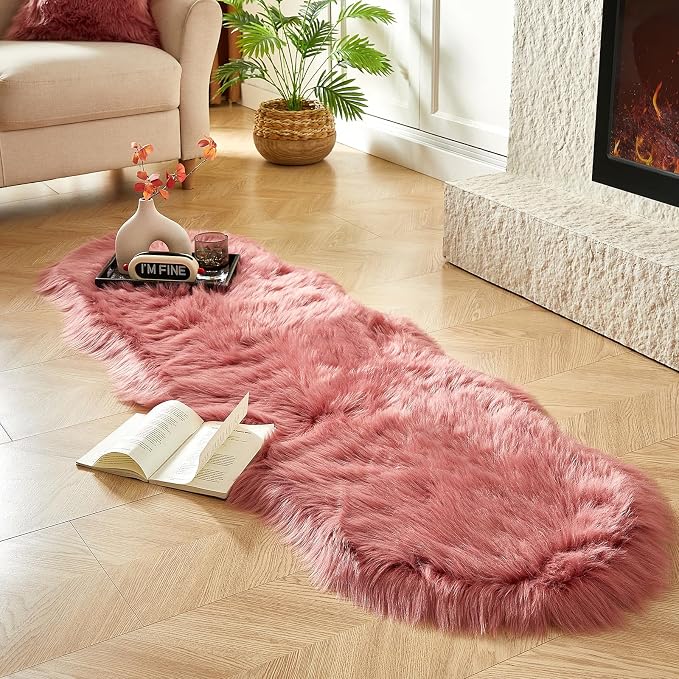 AMTOVO Faux Sheepskin Rug, Blush Pink Ultra Soft Fluffy Shag Area Rug, 2 x 6 ft - Image 4