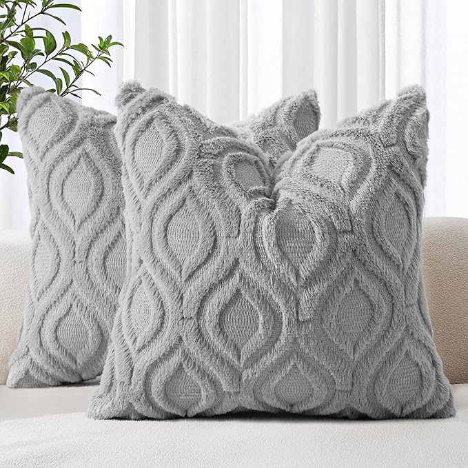 decorUhome Throw Pillow Covers 26x26 Inch Set of 2, Soft Plush Faux Wool Grey by decorUhome