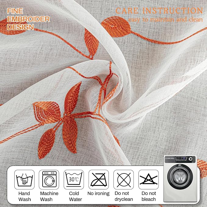 AmHoo 2 Panels Embroidered Leaf Pattern Semi Sheer Curtains Foliage Floral - Image 4