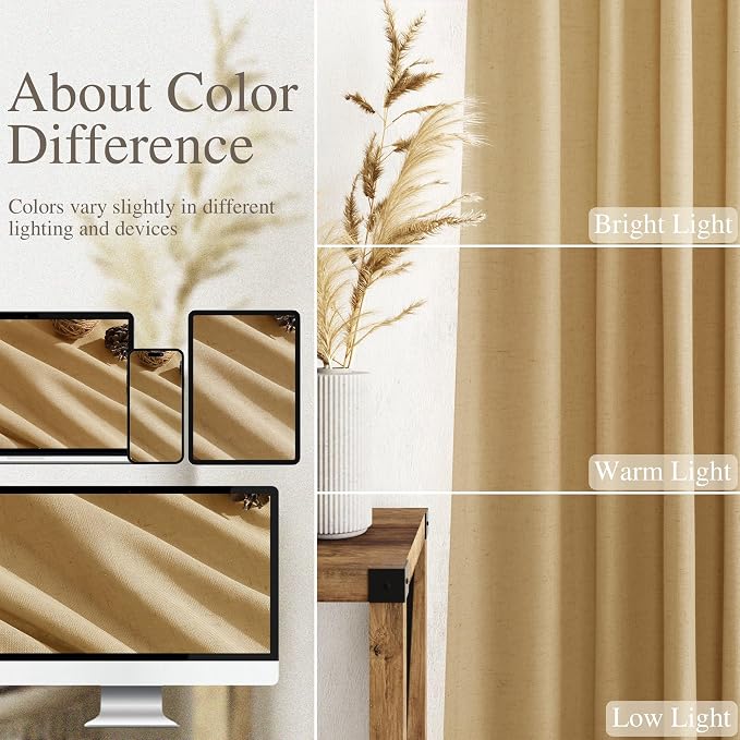 Gold Yellow Linen Curtains 102 Inches Long Rod Pocket Back Tab Drapes 2 Panels - Image 3
