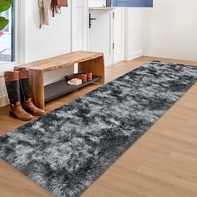 Tie-Dyed Dark Grey 2x8 Machine Washable Runner Rugs - Image 2