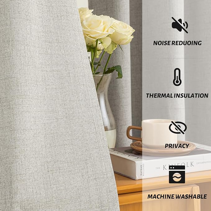 Yakamok Oatmeal Linen Curtains 100% Blackout 63 Inches Long, Room Darkening - Image 5