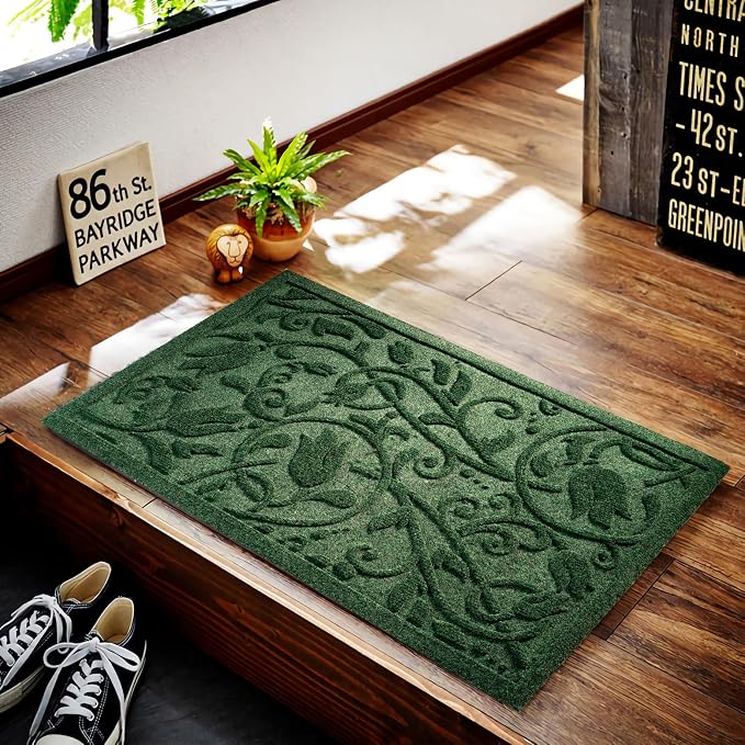 Boho Green Floral Leaves Outdoor Indoor Entrance Doormats, Absorbent Durable - Image 4