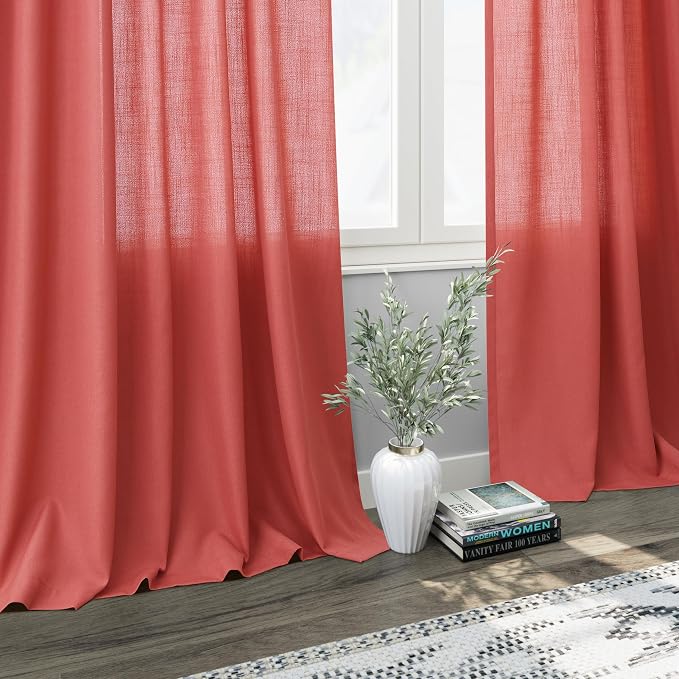 Nanspring Watermelon Red Linen Curtains 102 Inches Long 2 Panels, Back Tab Rod - Image 6