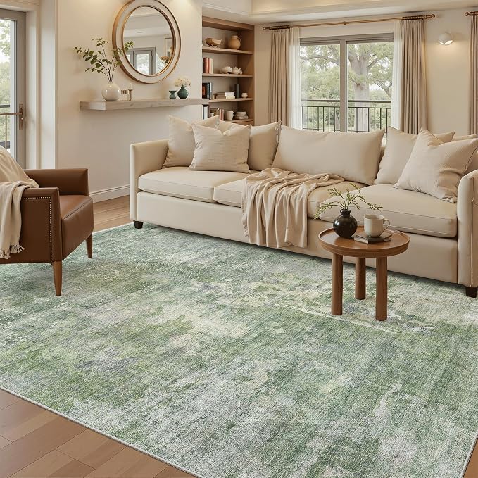 Abstract Rug 5x7 Machine Washable Area Indoor Green Low Pile Non-Slip Foldable - Image 2