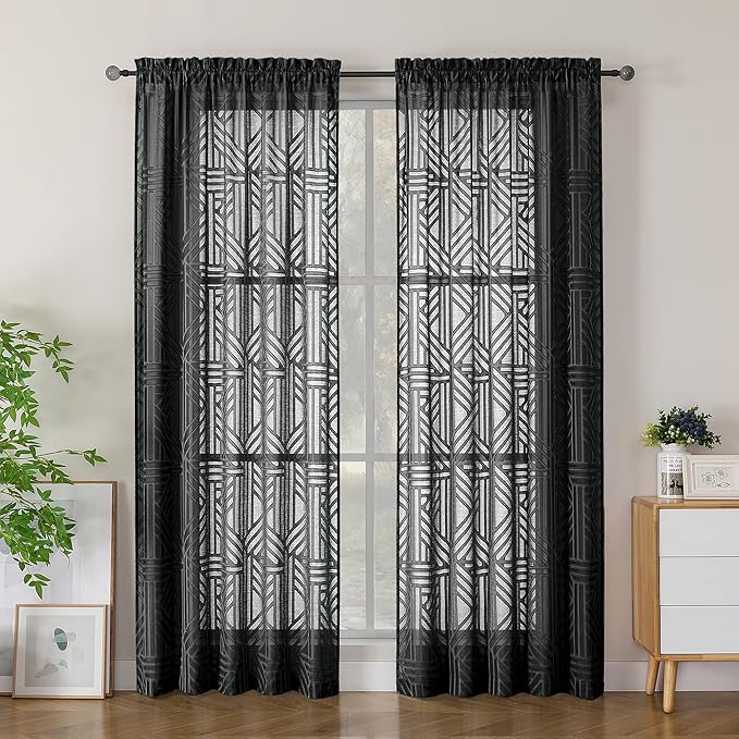 Simplebrand Semi Sheer Black Curtains 78 Inch Length 2 Panels, Geometric by Simplebrand
