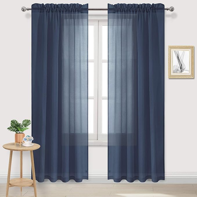 DWCN Navy Blue Sheer Curtains Semi Transparent Voile Rod Pocket Curtains by DWCN