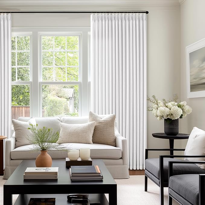 80 Inch Pinch Pleated Snow White Semi Sheer Privacy Linen Curtains 2 Panels | - Image 8
