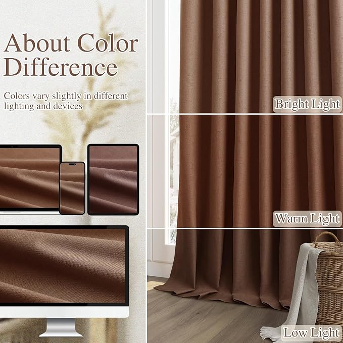 Rustic Brown 100% Blackout Linen Curtains 108 Inch Length 2 Panels Set - Image 3