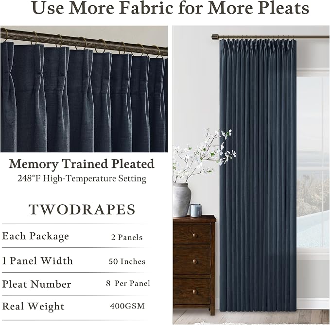 Modern Pinch Pleated Linen Navy Blue Semi Sheer Curtains - Image 4