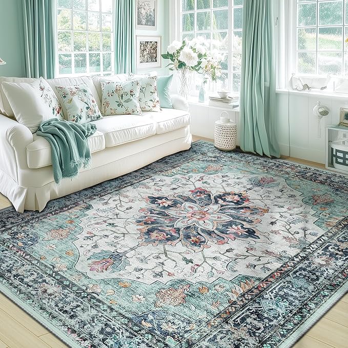 Area Rugs 6'x9' Washable Non-Slip, Floral Vintage Distress Print Pattern - Image 2