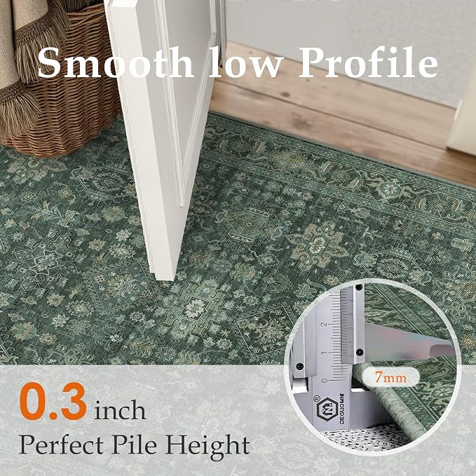 5x7 Washable Area Rug for Living Room Bedroom Vintage Green Soft Low Pile - Image 5