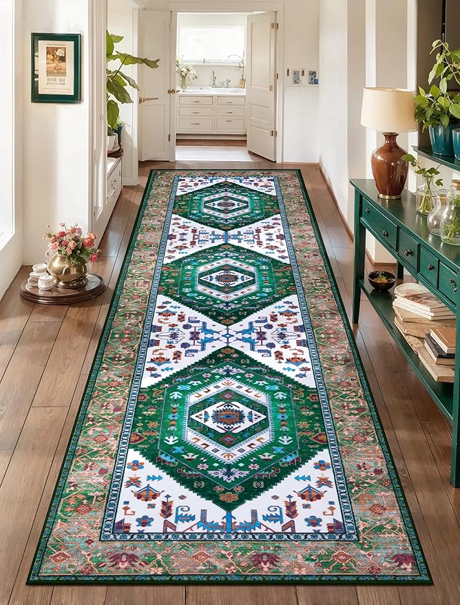 SERISSA Runner Rug for Hallways, Long Boho Rug Vintage Green White Hallway by SERISSAHomeDecorCollection