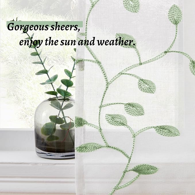 MRTREES Sheer Voile Curtain Valances, Leaves Embroidered Valance Curtains Rod - Image 4