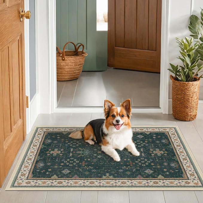 Dark Green Oushak 3x5 Large Entryway Rug by HazoHaus