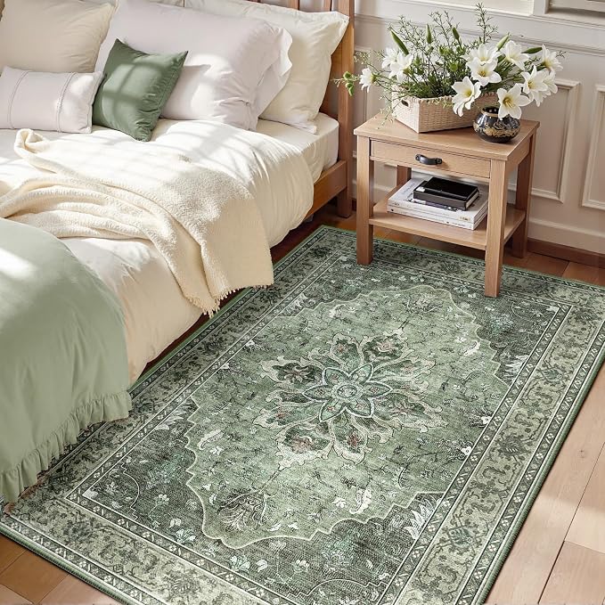 Area Rugs 3'x5' Washable Non-Slip, Floral Vintage Distress Print Pattern by RELEANY