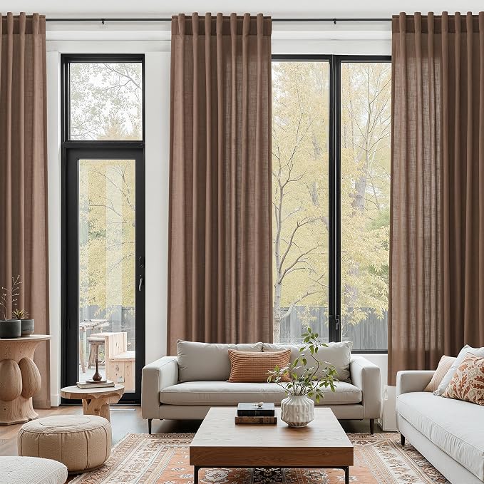 Caramel Brown Linen Curtains for Living Room Extra Long 144 Inches Long Back by Nanspring
