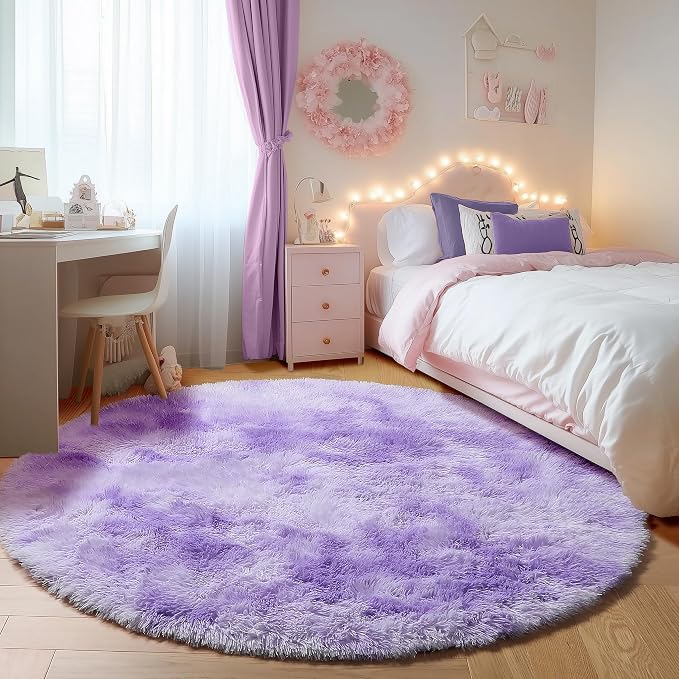ONASAR Tie-Dyed Purple Round Area Rug 4ft, Soft Bedroom Circle Rugs Floor Mats - Image 4
