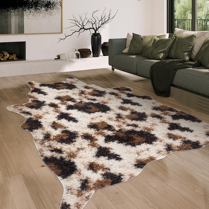 Faux Fur Cowhide Rug: Fluffy Cow Print 5.2x7 Feet Washable Cow Hide Rug by WARMHAVEN