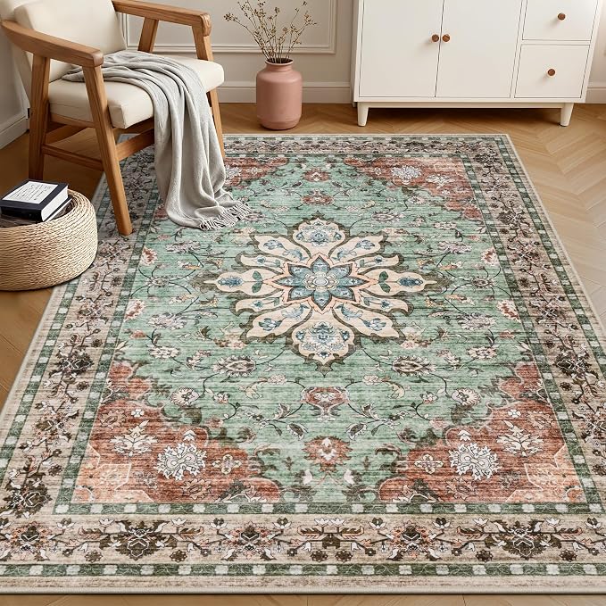 6x9 Area Rugs Living Room Rug: Washable Vintage Distressed Floral Rug No Slip - Image 3