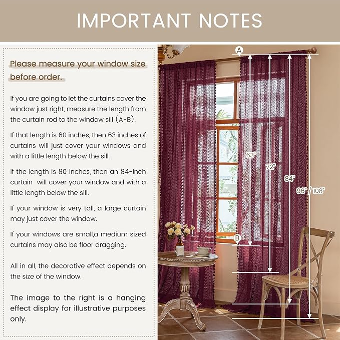 WAZZIO Boho Lace Curtains 63 Inches 2 Panel, Light Filtering Privacy Tassel & - Image 11