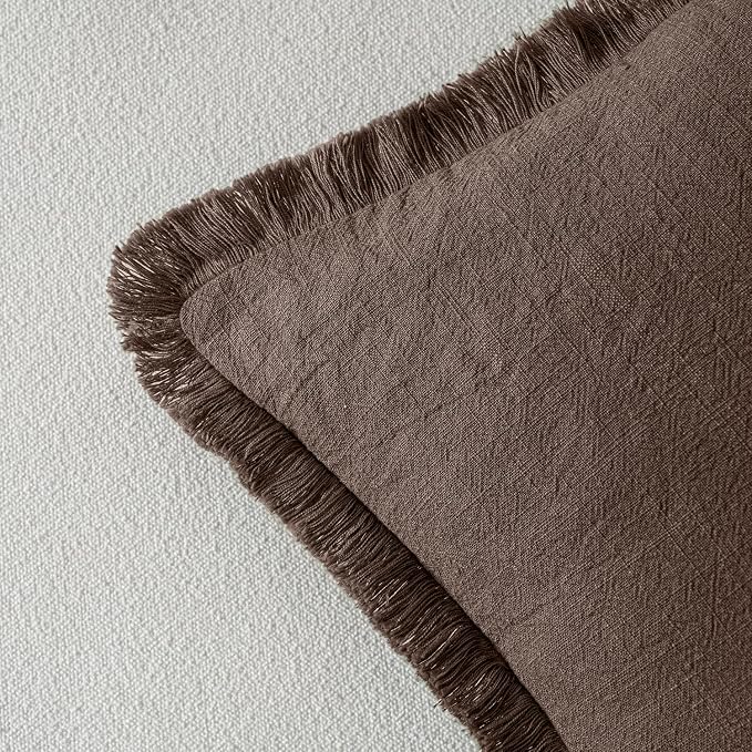 MIULEE Boho Linen Fringe Decorative Fall Pillow Covers Reddish Brown 18x18 | - Image 3