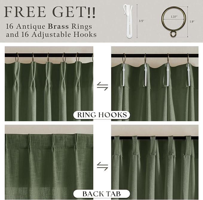 Green Pinch Pleated Linen Light Filter Memory Shape Curtains 90 Inch Long | - Image 5