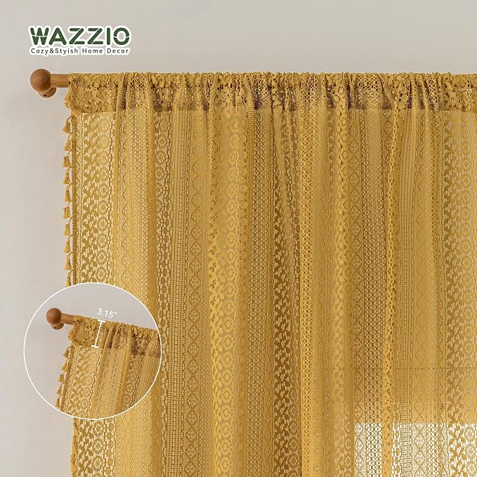 WAZZIO Boho Lace Curtains 63 Inches 2 Panel, Light Filtering Privacy Tassel & - Image 7