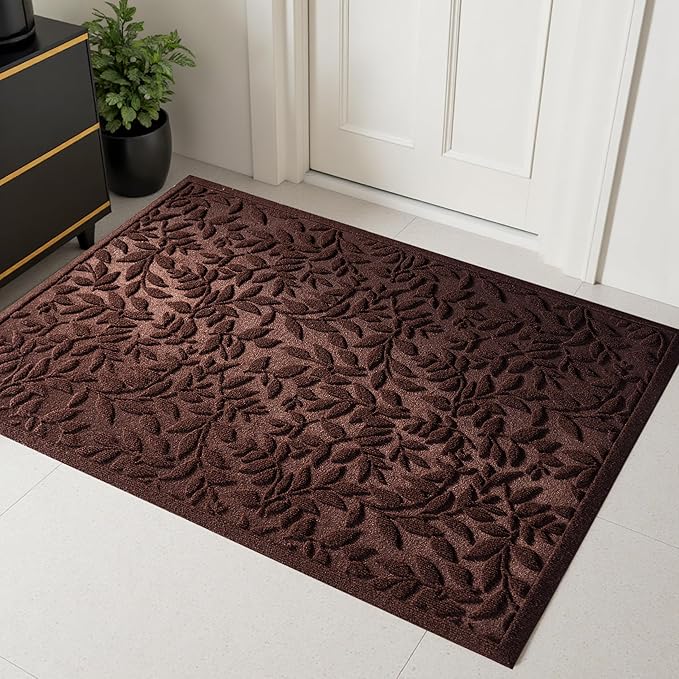 Coffee Brown Leaves Outdoor Indoor Entrance Door mat, Absorbent Durable Heavy by VivaNest
