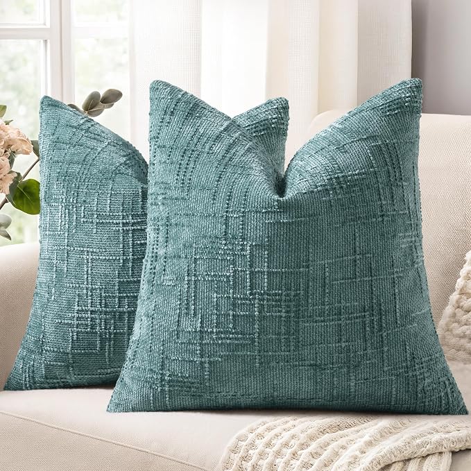 decorUhome Summer Teal Chenille Throw Pillow Covers 18x18 Set of 2 Textured by decorUhome