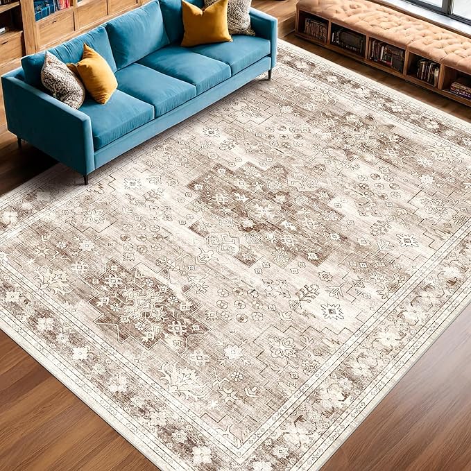 Washable Neutral Farmhouse Living Room Rug, 6x9 Area Rugs by HazoHaus