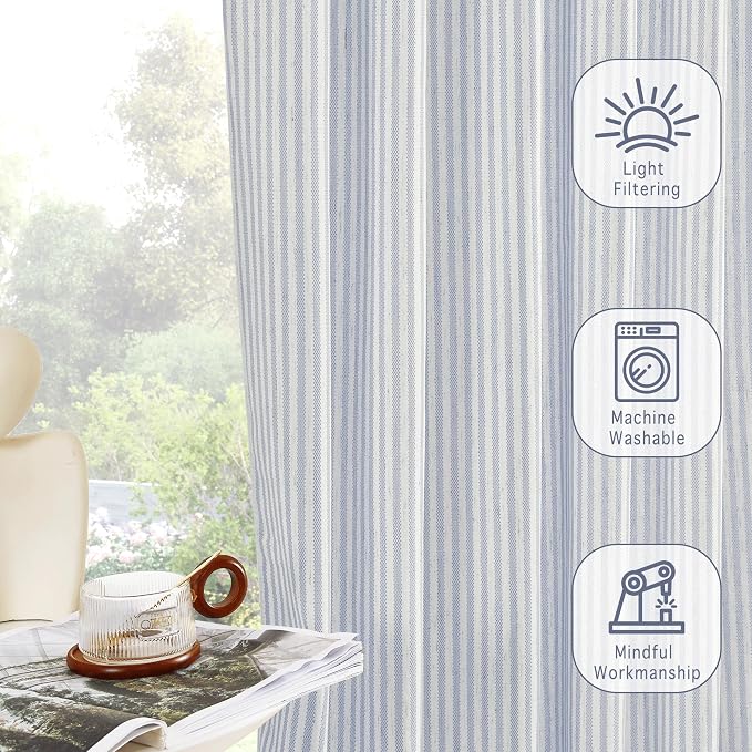 RYB HOME Striped Cafe Kitchen Curtains 24 inch Length, Linen Tickingstripe Tier - Image 4